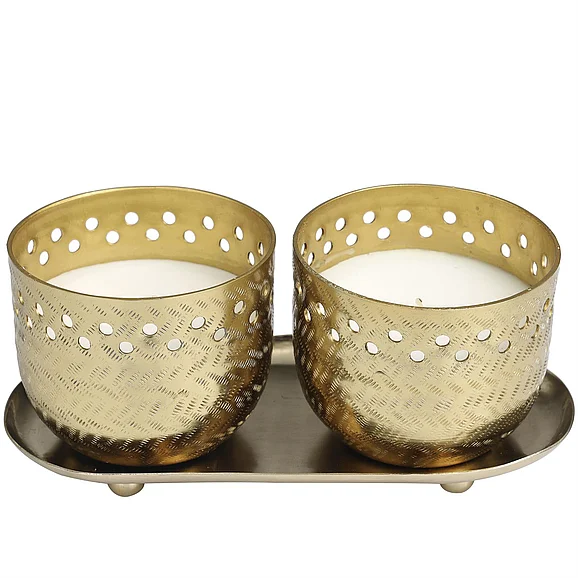 UMA Gold Metal Egyptian Mint Scented Cutout Spotted Double 7 oz 1 Wick Decorative Candle with White Wax and Tray, 8" x 4" x 4" | 60587 CLOSEOUT