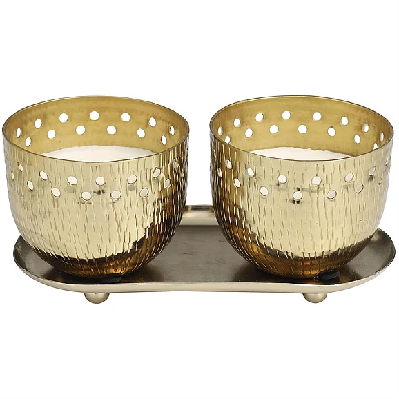 UMA Gold Metal Jasmine Scented Cutout Spotted Double 7 oz 1 Wick Decorative Candle with White Wax and Tray, 8" x 4" x 4" | 60590 CLOSEOUT
