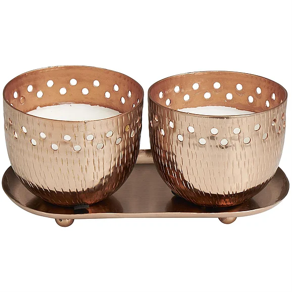 UMA Copper Metal Sauvignon Blanc Scented Cutout Spotted Double 7 oz 1 Wick Decorative Candle with White Wax and Tray, 8" x 4" x 4" | 60592 CLOSEOUT