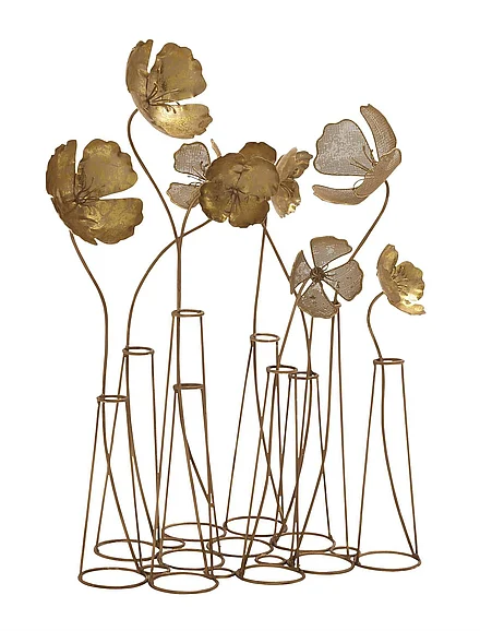 UMA Metal Floral Decorative Sculpture with Wire Vases and Mesh Netting Detail in Gold 60929