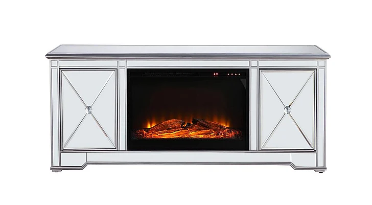 Elegant 60 In. Mirrored TV Stand with Wood Fireplace Insert in Antique Silver MF601S-F1 CLOSEOUT