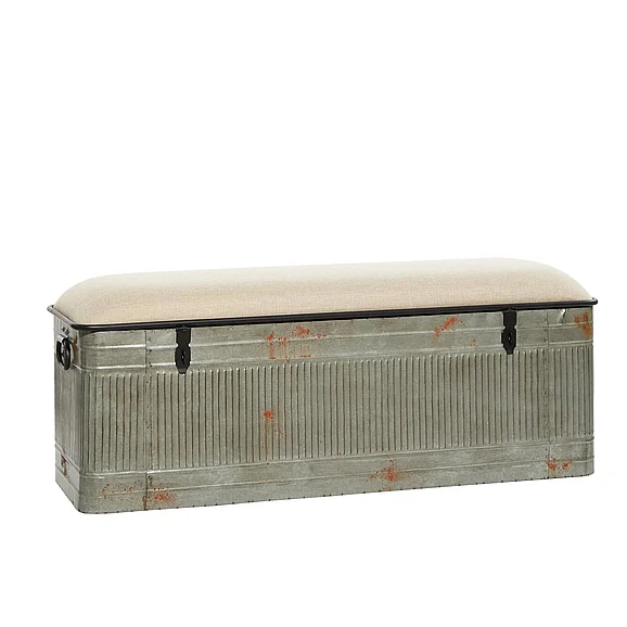 UMA Gray Metal Galvanized Room Storage Bench with Cream Burlap Top and Black Latches, 50 x 16 x 18 | 60966