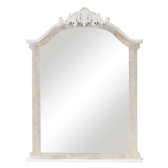 UMA Cream Wooden Arched Scroll Room Wall Mirror with Brown Distressing, 28" x 2" x 37" | 61381