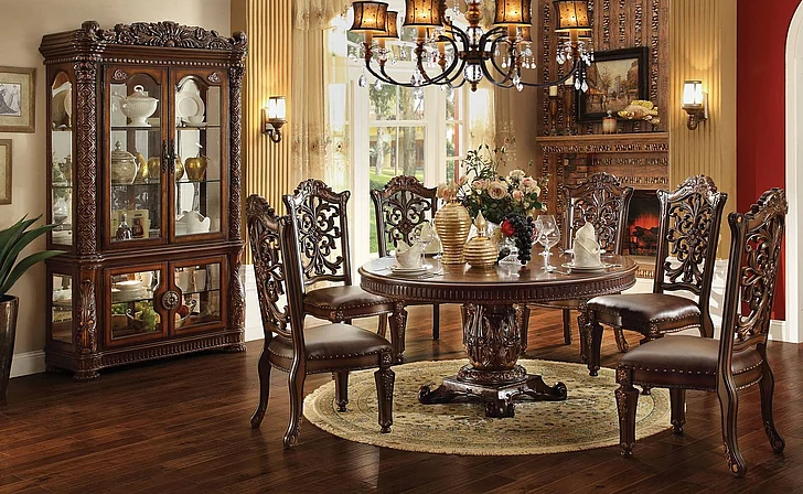 Acme Vendome 7PC Single Pedestal Round Dining Room Set in Cherry