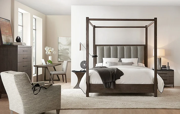Hooker Furniture Miramar Aventura Jackson 2pc Upholstered with Tall Posts & Canopy Bedroom Set in Dark Wood