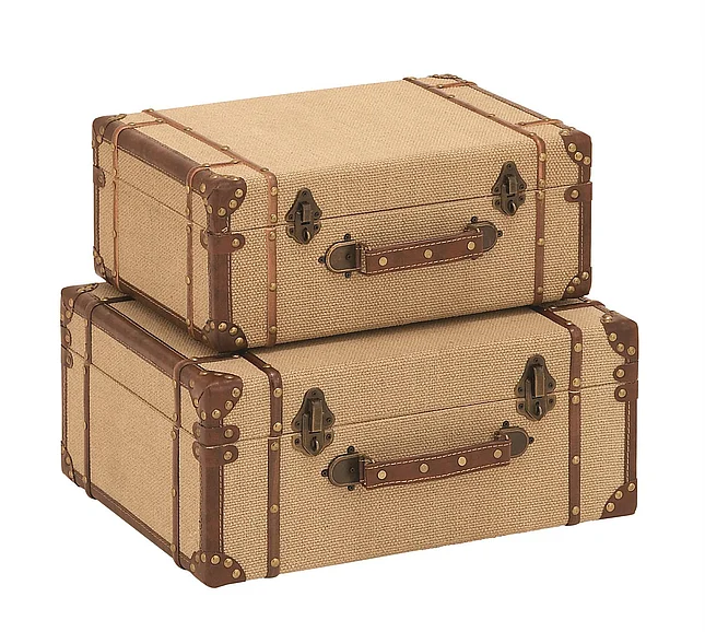 UMA Beige Wooden Nesting Upholstered Decorative Trunk with Vintage Accents and Studs, Set of 2 17, 15W | 62258