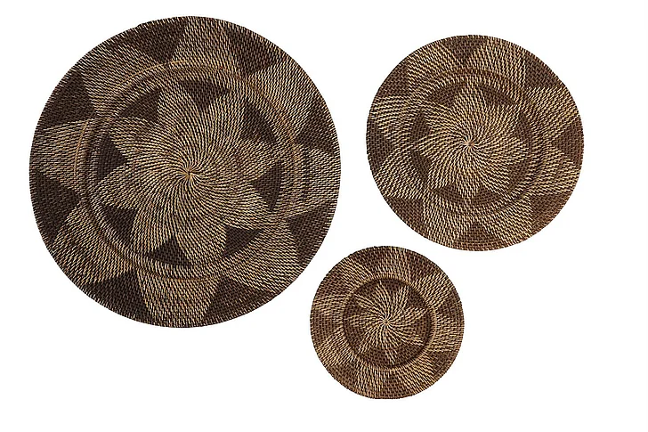 UMA Brown Rattan Plate Handmade Woven Basket Home Wall Decor, Set of 3 28, 20, 14W | 62815