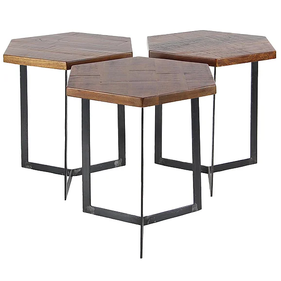 UMA Brown Mango Wood Accent Table with Black Metal Y-Shaped Bases, Set of 3 15W, 18H | 62947 CLOSEOUT