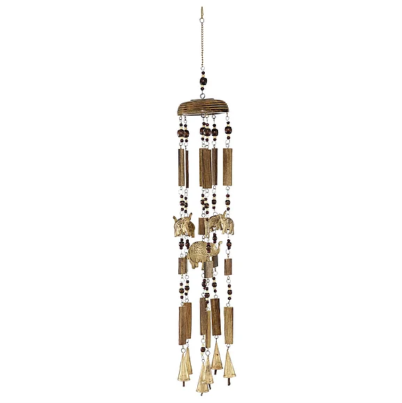 UMA Brown Wood Elephant Windchime with Beads and Cone Bells, 5" x 8" x 32" | 62984 CLOSEOUT