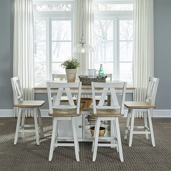 Liberty Furniture Lindsey Farm 7pc Kitchen Island Set in Weathered White & Sandstone