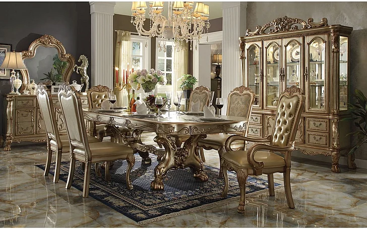 Acme Dresden 7-Piece Pedestal Dining Table Set in Gold Patina