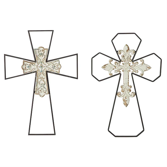 UMA Black Metal Cross Carved Wood Wall Decor, Set of 2 13W, 19H | 63415 CLOSEOUT