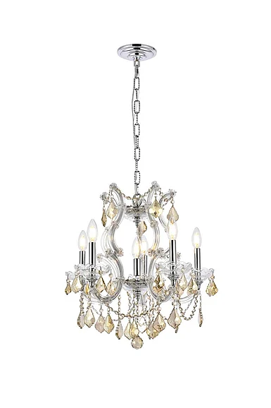 Elegant Maria Theresa 6 Light Chrome Pendant Golden Teak (Smoky) Royal Cut Crystal 2800D20C-GT/RC