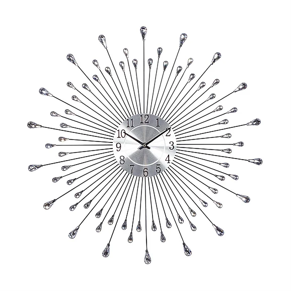 UMA Silver Metal Starburst Decorative Wall Clock with Crystal Embellishment, 23 x 2 x 23 | 63617