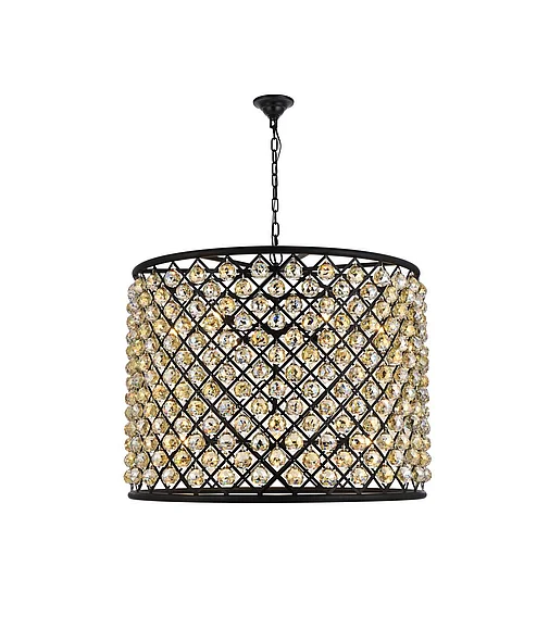 Elegant Madison 12 Light Matte Black Chandelier Golden Teak (Smoky) Royal Cut Crystal 1206D35MB-GT/RC