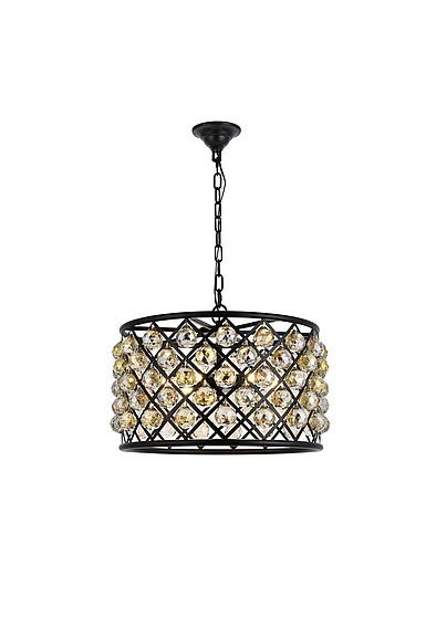 Elegant Madison 6 Light Matte Black Pendant Golden Teak (Smoky) Royal Cut Crystal 1206D20MB-GT/RC