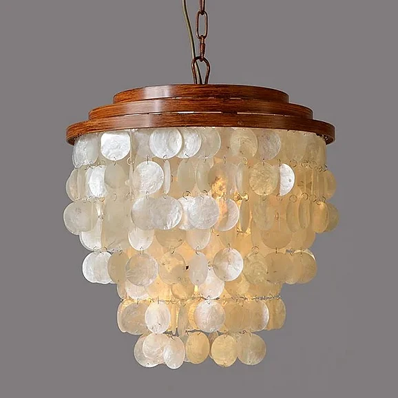 Moti Furniture Daisy Capiz Shell and Wood Pendant in Brown/White 64001015