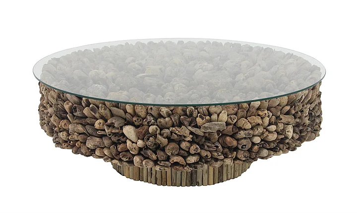 UMA Brown Driftwood Handmade Collage and Pedestal Base Living Room Coffee Table with Tempered Glass Top, 48 x 48 x 16 | 64032