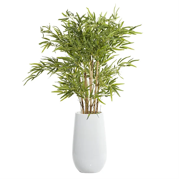 UMA Green Faux Foliage Bamboo Indoor Outdoor Artificial Tree with Realistic Leaves and White Fiberglass Pot, 37" x 35" x 54" | 64078