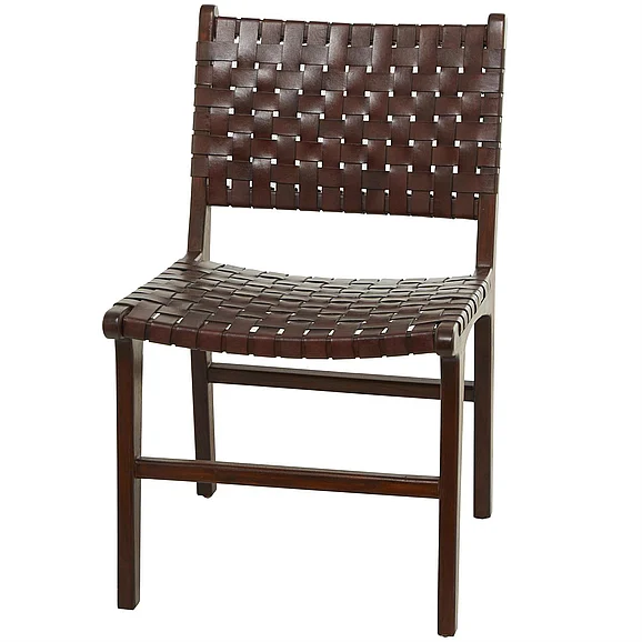 UMA Brown Leather Handmade Woven Dining Chair with Teak Wood Frame, | 64777
