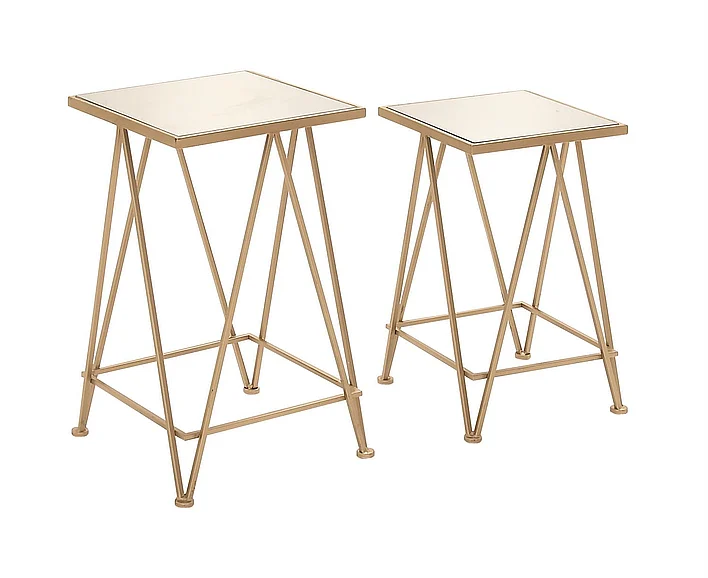 UMA Gold Metal Geometric Square Side End Accent Table with Mirrored Glass Top, (Set of 2) 26, 22H | 65368