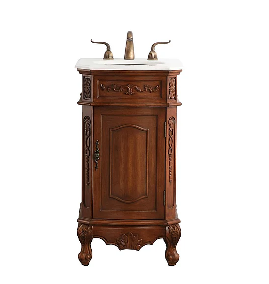 Elegant 19 In. Single Bathroom Vanity in Teak with Ivory White Engineered Marble VF10119TK-VW