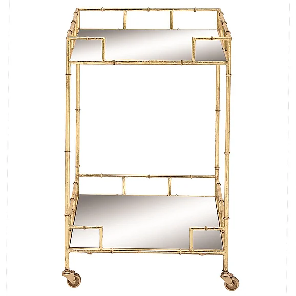 UMA Gold Metal Rolling 2 Mirrored Shelves Bar Cart, 18" x 18" x 30" | 65572