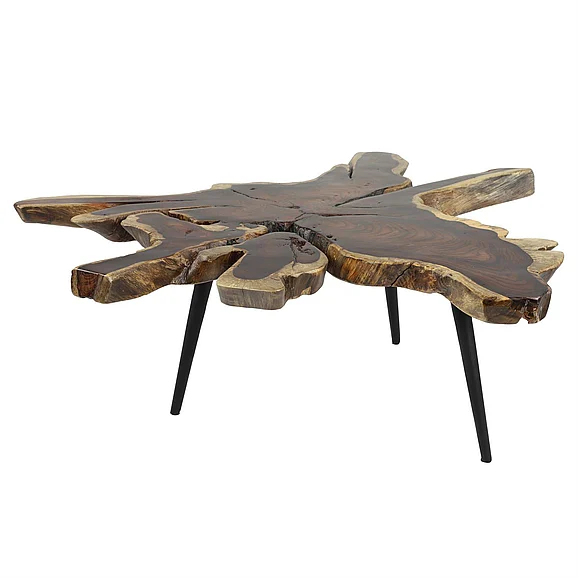 UMA Brown Wood Handmade Live Edge Top Living Room Coffee Table with Black Metal Tripod Legs, 32 x 38 x 16 | 66053