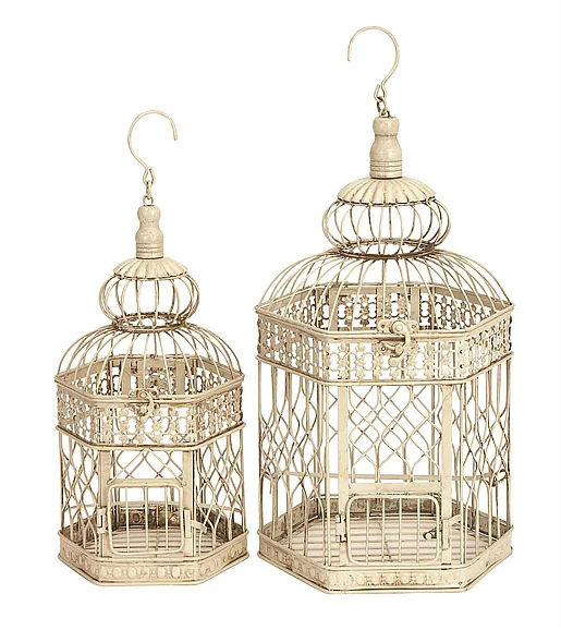 UMA Cream Metal Scroll Distressed Wire Birdcage with Latch Lock Closure and Hanging Hook, (Set of 2) 21, 18H | 66520