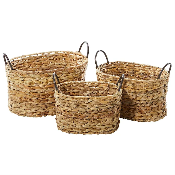 UMA Brown Metal Handmade Decorative and Functional Storage Basket with Metal Handles, (Set of 3) 16, 13, 11W | 66545