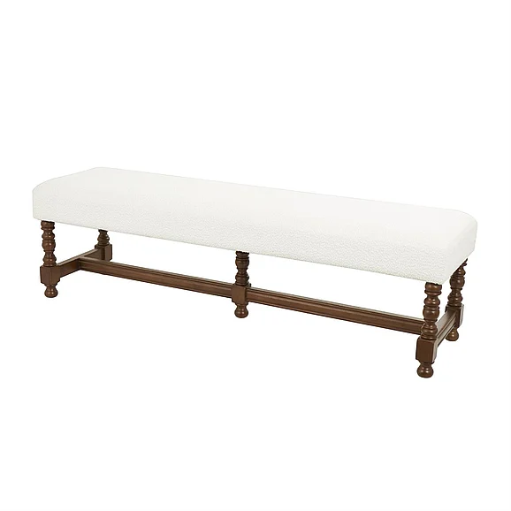 UMA Cream Fabric Home Bench with Brown Traditional Wood Turned Legs, 59 x 16 x 17 | 67041