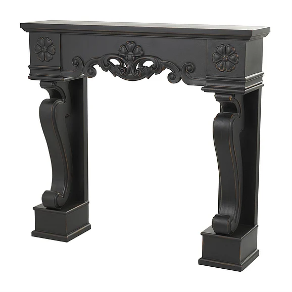 UMA Black Wood Scroll Freestanding Fireplace Mantle with Floral Accents, 45 x 10 x 43 | 67045
