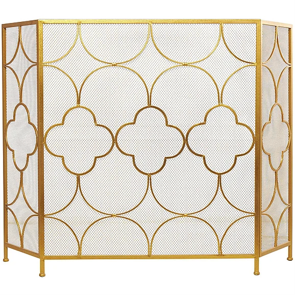 UMA Gold Metal Geometric Foldable Mesh Netting 3 Panel Living Room Fireplace Screen with Quatrefoil Design, 50" x 1" x 35" | 67053