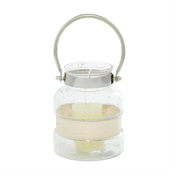 UMA Clear Glass Decorative Indoor Outdoor Candle Lantern with Curved Handle, 6" x 7" x 8" | 67174