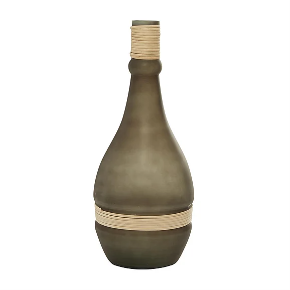 UMA Black Glass Handmade Decorative Vase with Rattan Detail, 8" x 8" x 20" | 67178 CLOSEOUT