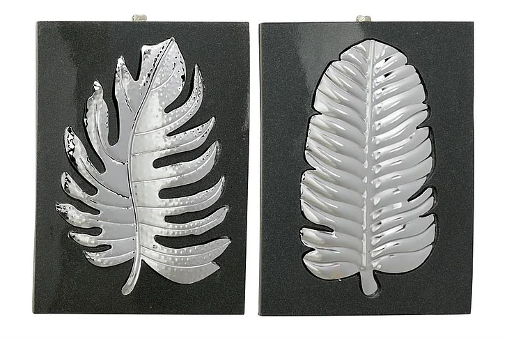 UMA Modern Style Rectangular Metallic Silver Metal Leaf Wall Decor Plaques, Set of 2 13.5 x 19 Each | 67401 CLOSEOUT