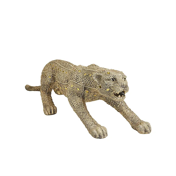 UMA Gold Polystone Leopard Carved Encrusted Beading Decorative Sculpture with Diamond Shaped Mirrored Accent, 33" x 10" x 8" | 67590