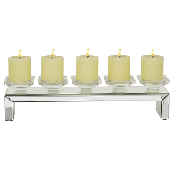 UMA Silver Glass Pillar 5 Plate Decorative Candelabra with Mirrored Accents, 20" x 4" x 5" | 67933