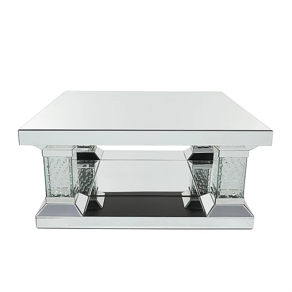 UMA Silver Glass Mirrored Coffee Table with Crystal Embellishments, 39" x 39" x 18" | 67944 CLOSEOUT