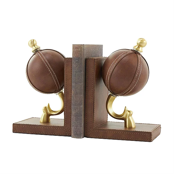 UMA Brown Leather Globe Handmade Stitched Decorative Bookends with Brown Wood Base, Set of 2 6W, 9H | 68398 CLOSEOUT