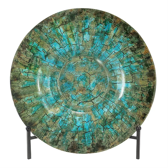 UMA Green Glass Abstract Handmade Textured Plate Charger with Black Display Stand, 18 x 18 x 2 | 68425