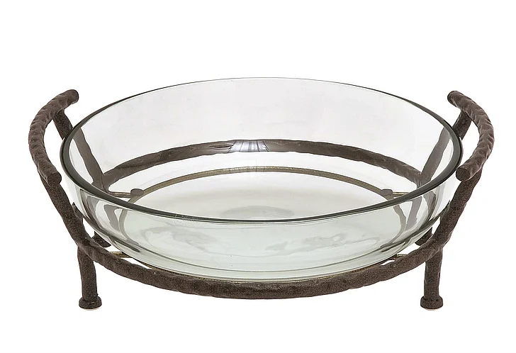 UMA Clear Tempered Glass Kitchen Serving Bowl with Brown Metal Base, 19" x 16" x 7" | 68540
