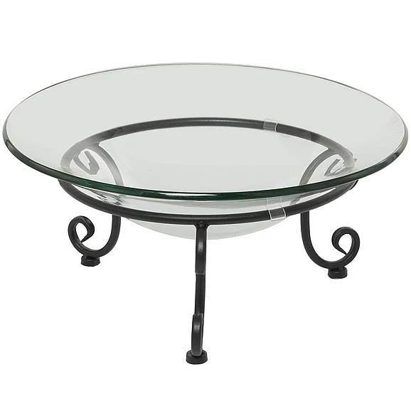 UMA Clear Tempered Glass Kitchen Serving Bowl with Black Metal Scroll Stand, 17 x 17 x 8 | 68552