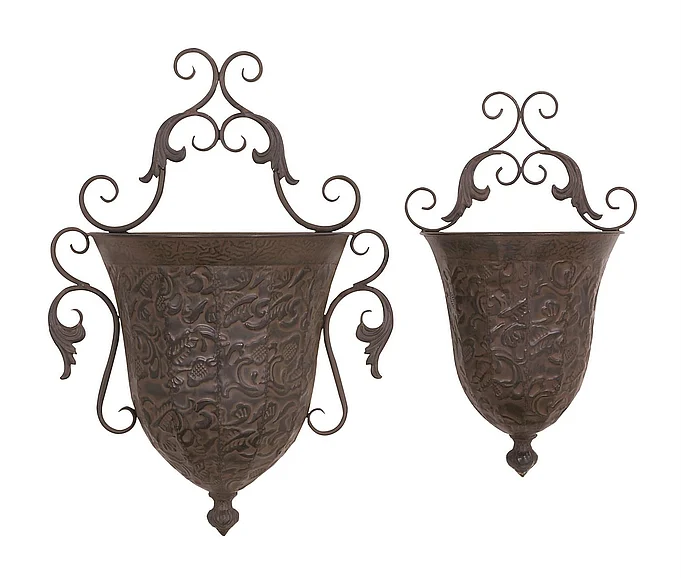 UMA Brown Metal Scroll Hanging Vintage Indoor Outdoor Wall Planter with Vine Accents, Set of 2 22, 18H | 69133