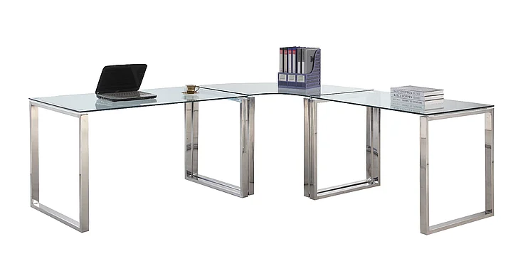 Chintaly Computer Dsk 6931 Glass Top Computer Desk Set in Clear/Stainless Steel