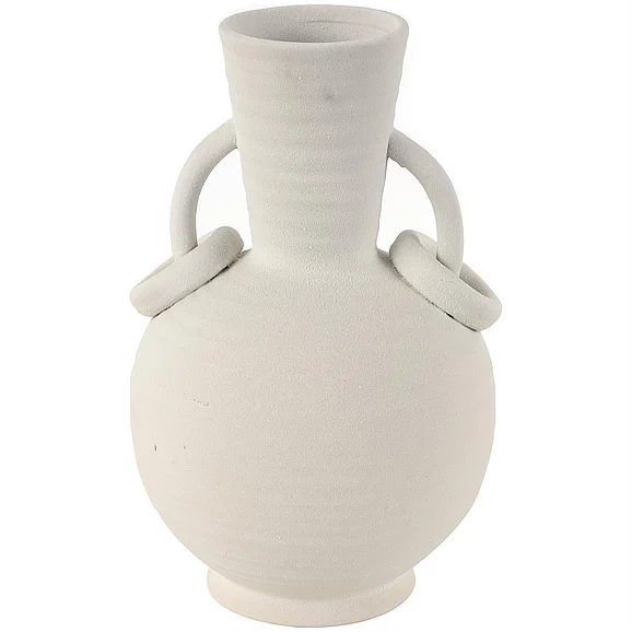 UMA Cream Ceramic Textured Decorative Vase with Ring Handles, 9 x 8 x 13 | 69331