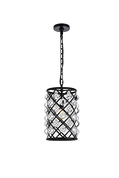 Elegant Madison 1 Light Matte Black Pendant Clear Royal Cut Crystal 1204D8MB/RC