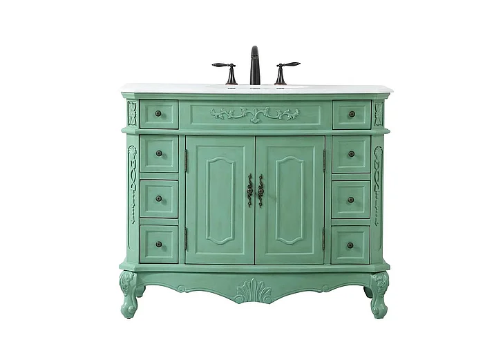 Elegant 42 In. Single Bathroom Vanity in Vintage Mint with Ivory White Engineered Marble VF10142VM-VW