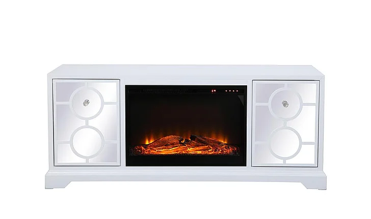 Elegant 60 In. Mirrored TV Stand with Wood Fireplace Insert in White MF801WH-F1 CLOSEOUT