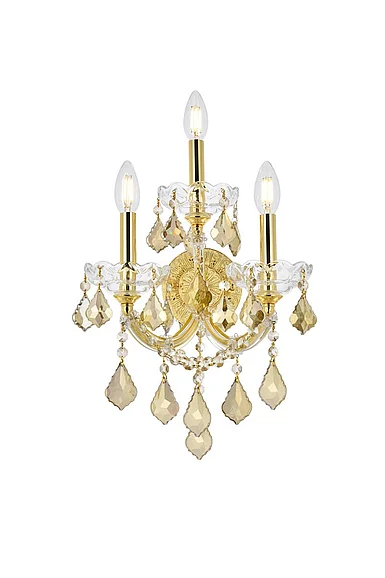 Elegant Maria Theresa 3 Light Gold Wall Sconce Golden Teak (Smoky) Royal Cut Crystal 2800W3G-GT/RC